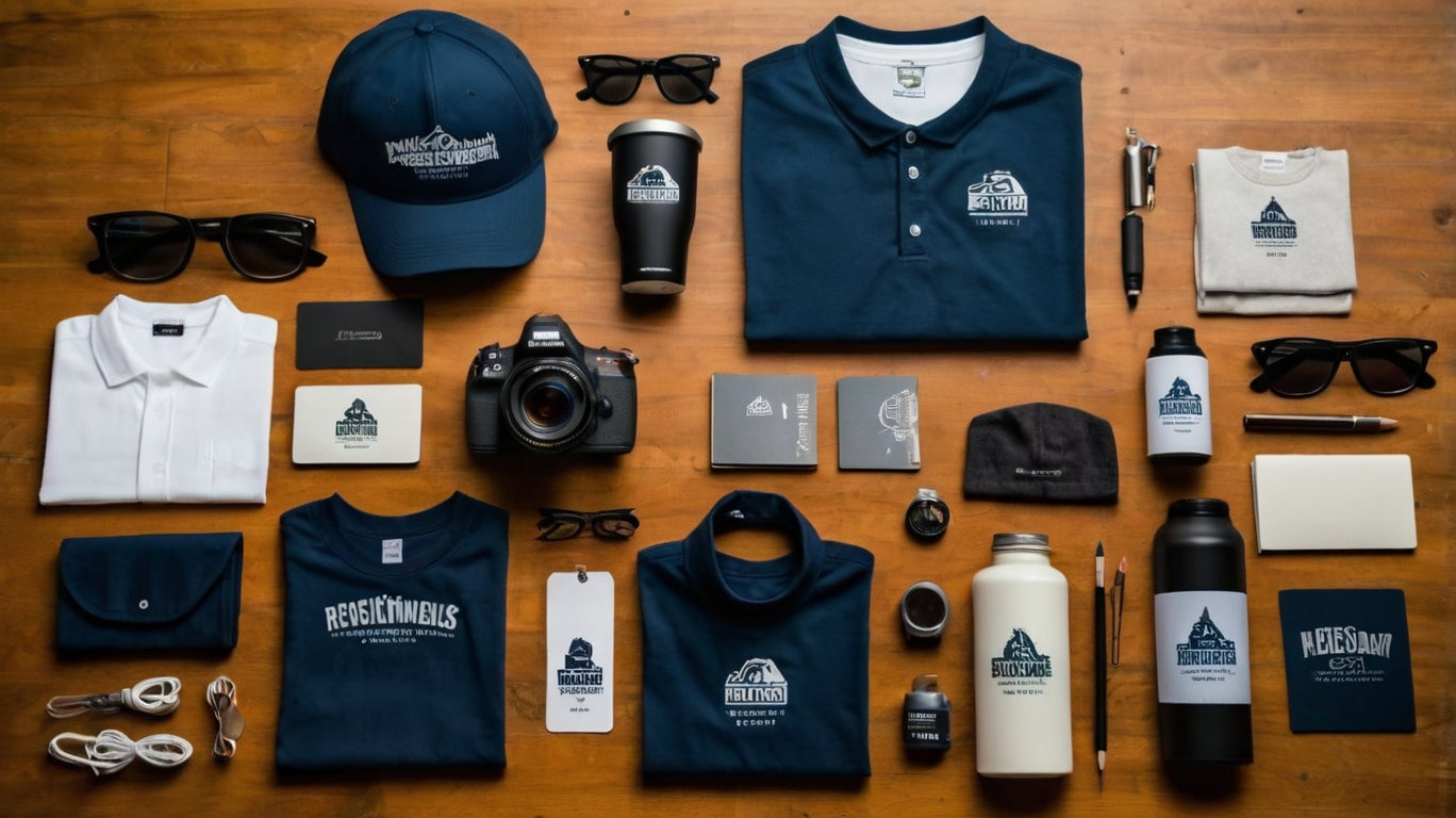 Curated branded apparel, caps, drinkware and merchandise arranged in a professional flat lay